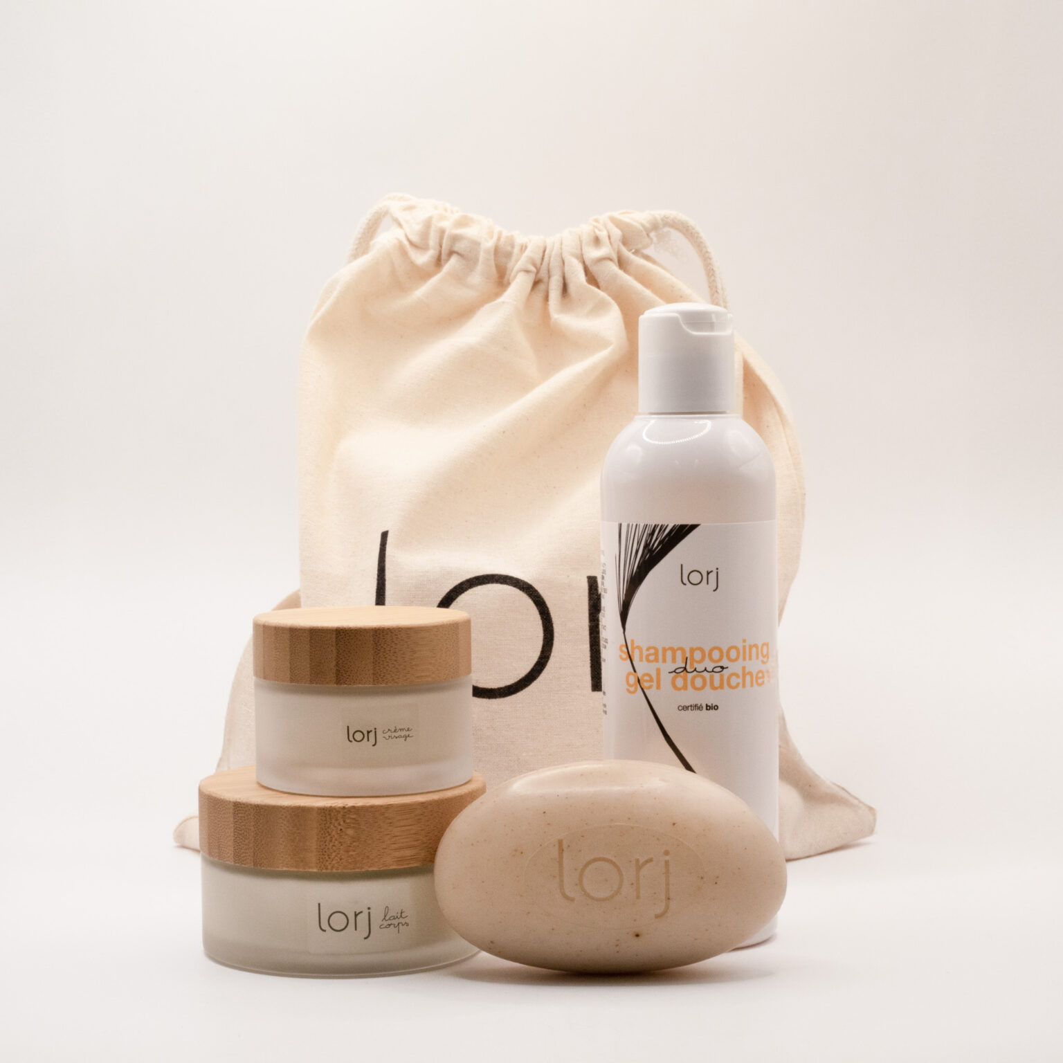 Coffret soins Lorj marque france bretagne shampoing gel douche creme lait corps savon sachet